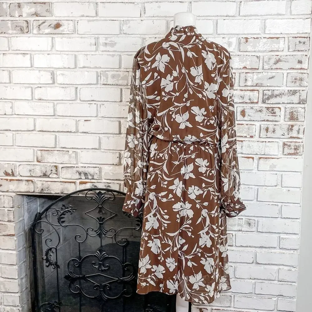 Lane Bryant Tie Neck Bow Brown and Off White Floral Sheer Midi Dress 22